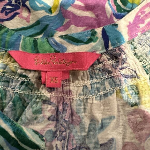 Lilly Pulitzer Essie Printed Tank Blouse Top Smocked Cotton‎ Resort Sz XS Floral - Picture 4 of 5